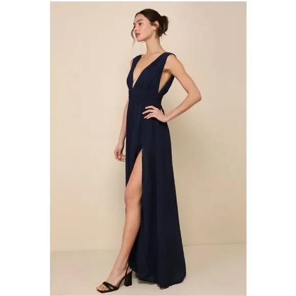 Love by Design NWT Athen deep plunge v neck Nordstrom Navy flowy evening gown XL - Picture 4 of 16